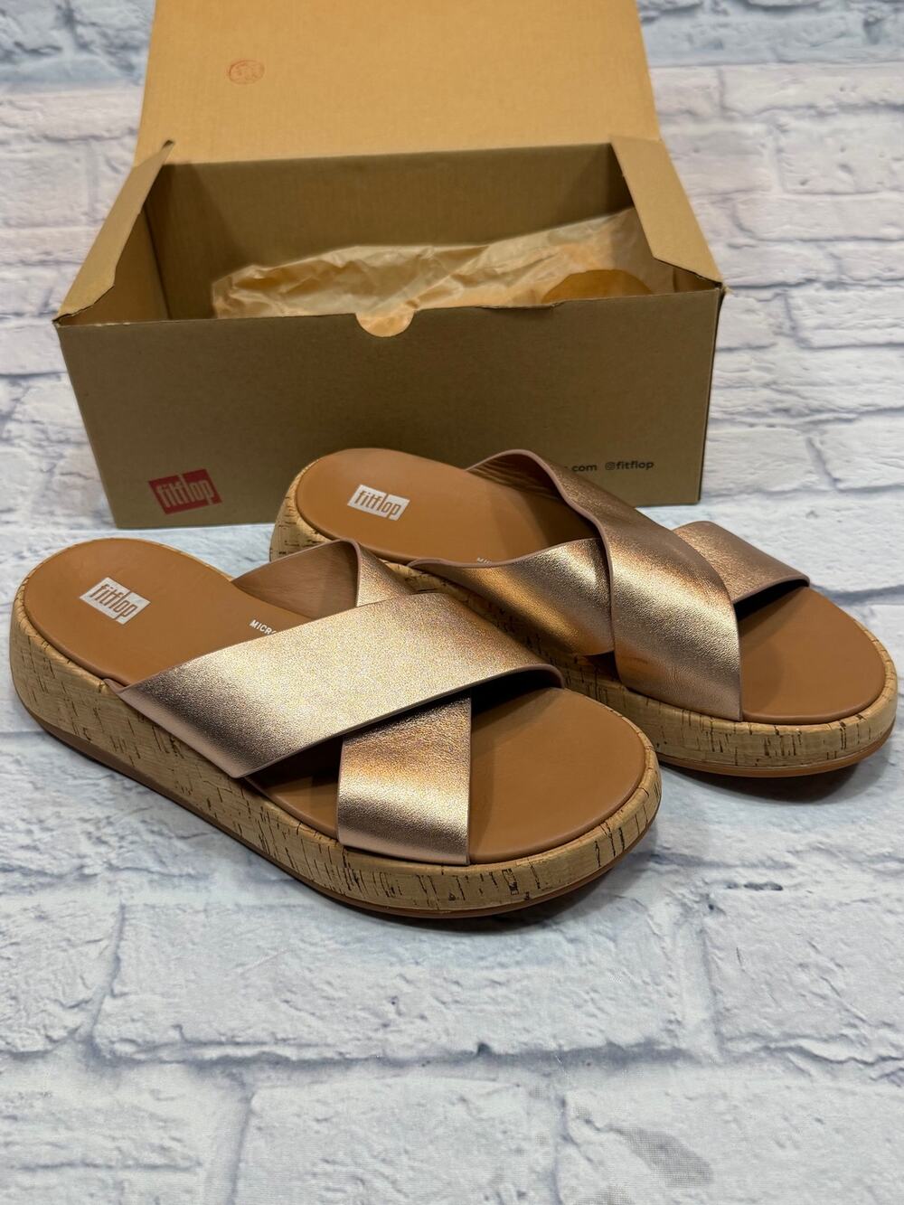 NEW FitFlop F-Mode Rose Gold Metallic Leather Cork Platform Cross Slides Sz 8